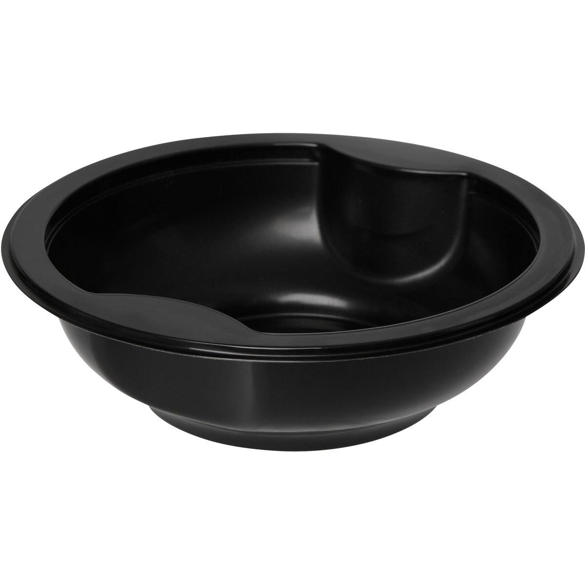 The Duni GmbH Multi-Bowl Black PP+MIN 153x153 is a black, round bowl with two flat indentations on the edge - ideal for serving food separately in the bowl kitchen.
