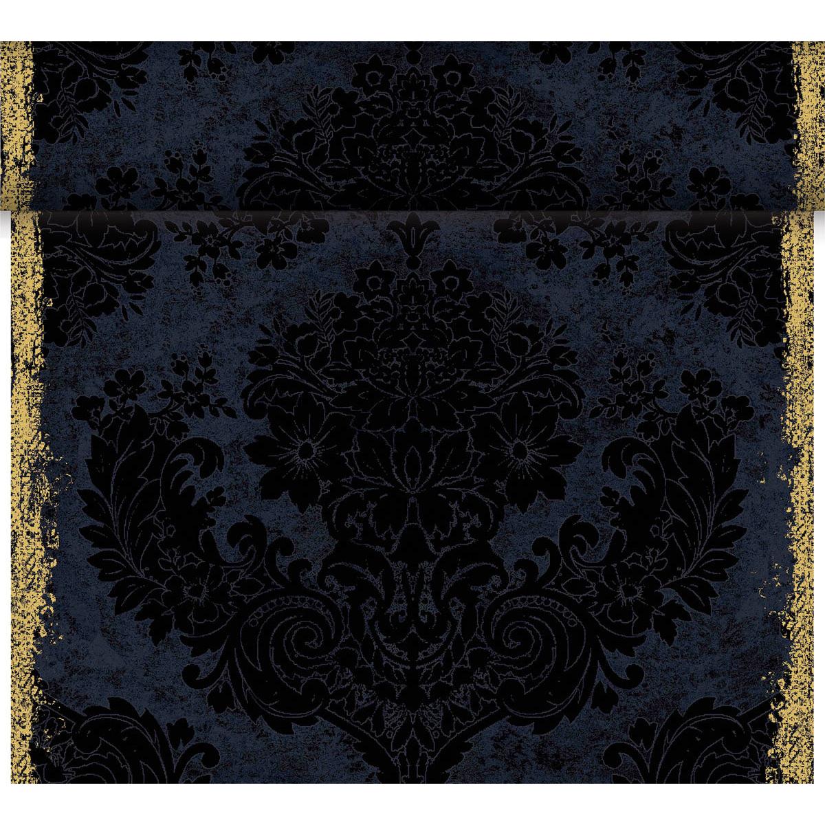 The Dunicel "Tête-à-Tête" table runner from Duni GmbH (24 m x 0.4 m, 20 panels) features a dark blue and black damask floral pattern with shimmering gold vertical borders and a touch of vintage charm—ideal for elegant table settings.