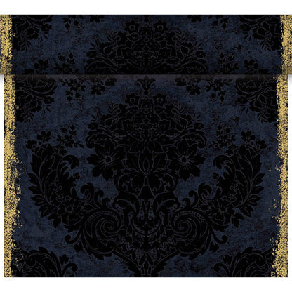 The Dunicel "Tête-à-Tête" table runner from Duni GmbH (24 m x 0.4 m, 20 panels) features a dark blue and black damask floral pattern with shimmering gold vertical borders and a touch of vintage charm—ideal for elegant table settings.
