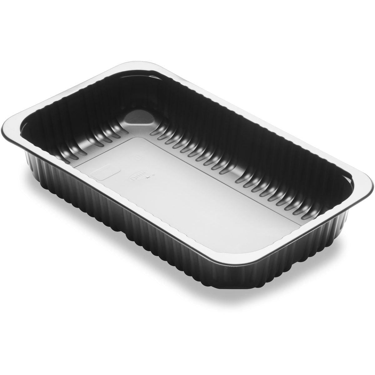 A black, rectangular menu tray 1-comp 1 Black PP/MIN 260x158x43.7 by Duni GmbH is depicted empty with ribbed sides and a smooth bottom on a white background, viewed from a slightly elevated angle. Package (384 pieces).