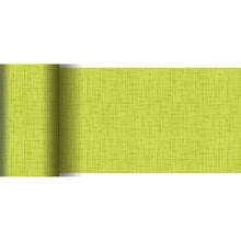 A partially unrolled, light green wallpaper with a subtle cross pattern resembles the Dunicel table runner 20 m x 15 cm from Duni GmbH and is ideal for creative table decorations with its woven, linen-like texture.