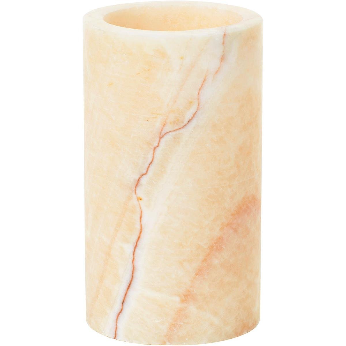The Duni GmbH candle holder made of Mineral Onyx (125x70 mm) impresses with its elegant design in light beige with natural veining and an open top, which is displayed against a simple white background. Package: 1 piece.
