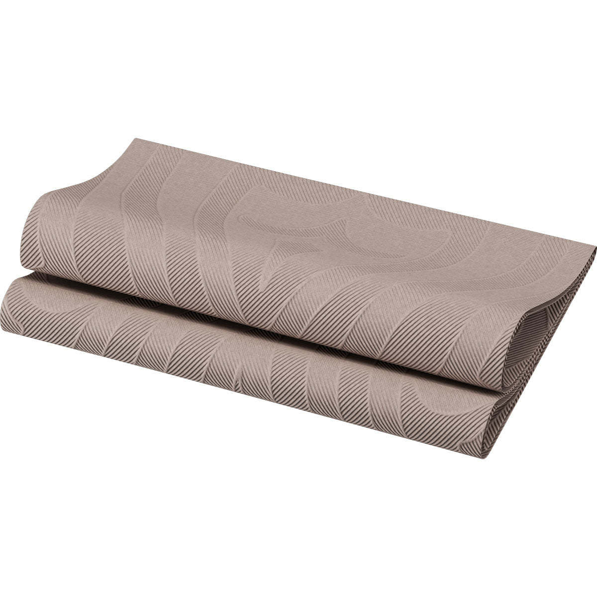 A folded Elegance napkin 40x40 cm in Lily Greige by Duni GmbH with a brown structure and subtly wavy, linear pattern is presented as high-quality table decoration (pack of 40 napkins) on White-Ideal.