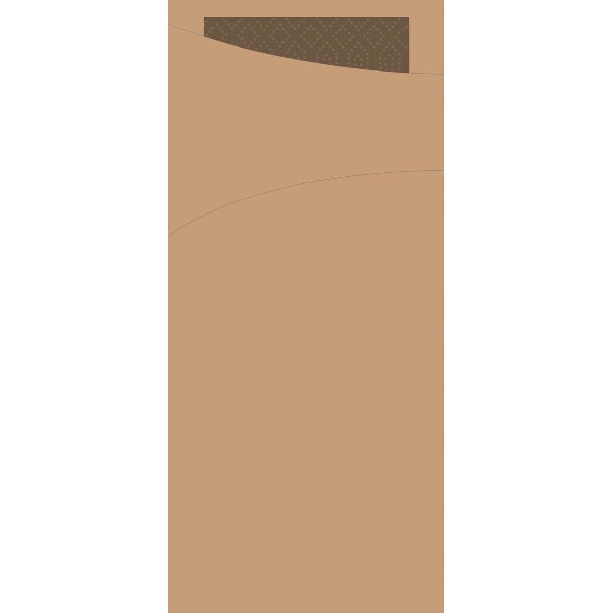 A geometric image with a large light brown background, two curved lines, and a brown rectangle with a dotted diamond pattern, reminiscent of the Sacchetto tissue 190 x 85 mm from Duni GmbH.