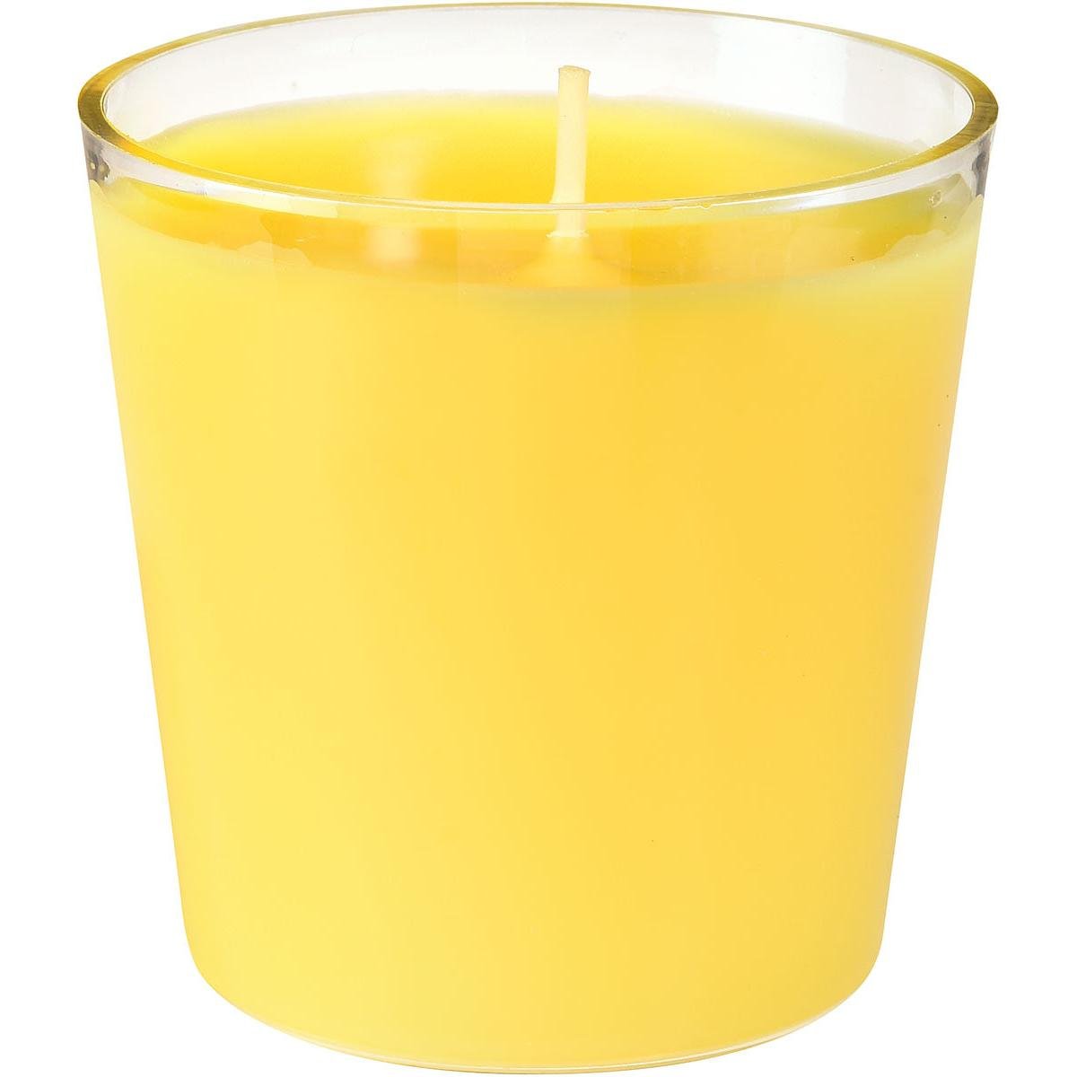 The refill Switch & Shine refill unit from Duni GmbH is a yellow candle (65 x 65 mm, about 30 hours) in a clear glass container with a central wick - ideal for long-lasting light and warmth in any setting.