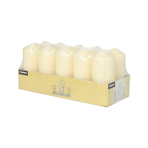 A pack of 10 white Starpak pillar candles (Ø 40 mm, 90 mm) made of transparent plastic and a labeled cardboard tray – ideal for weddings or creating a cozy atmosphere at home.