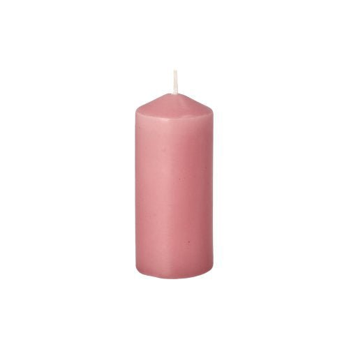 A pink pillar candle from Starpak with 10 pillar candles, Ø 40 mm · 90 mm, with a rounded tip and a single white wick stands upright on a white background, ideal for weddings or creating a cozy atmosphere at home.