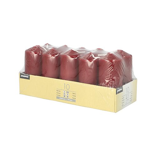 The set "Starpak 10 pillar candles Ø 40 mm · 90 mm" is from Starpak, packaged in clear foil and rectangular cardboard with labels – perfect for weddings or a cozy atmosphere.