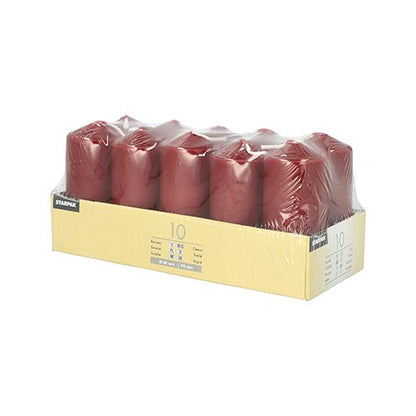 The set "Starpak 10 pillar candles Ø 40 mm · 90 mm" is from Starpak, packaged in clear foil and rectangular cardboard with labels – perfect for weddings or a cozy atmosphere.