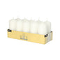 A cardboard compartment holds ten Starpak pillar candles (Ø 40 mm, 90 mm) in two rows of five each; The packaging shows product information and the brand name "Starpak" on the sides.