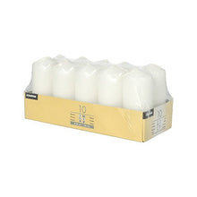 The Starpak set of 10 pillar candles (Ø 40 mm · 90 mm) is packaged in a cardboard tray wrapped in plastic film. These white Starpak candles create a romantic atmosphere and offer a long burn time for many cozy hours.