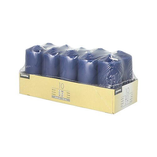 A pack of ten Starpak pillar candles (Ø 40 mm, 90 mm), arranged in two rows, wrapped in clear foil, and placed in a light brown tray with product information – ideal for weddings or a cozy atmosphere.