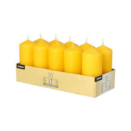 The Starpak 10 pillar candles Ø 40 mm · 90 mm are arranged in two rows in a beige cardboard box with side labels and create a romantic atmosphere thanks to their long burning time and visible wick.