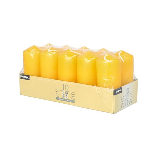 A pack of ten Starpak 10 pillar candles (Ø 40 mm · 90 mm), arranged in two rows and wrapped in transparent foil on a beige tray with a label – ideal for weddings or creating a cozy atmosphere.
