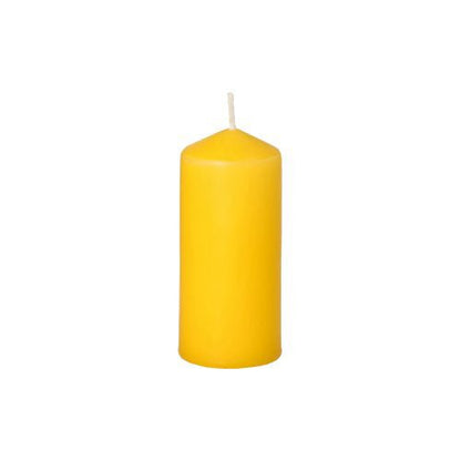 A single, unlit yellow pillar candle from Starpak (Starpak 10 pillar candles Ø 40 mm · 90 mm) with a white wick stands upright against a plain white background, ideal for creating a cozy atmosphere at weddings.
