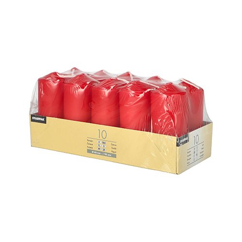 A pack of ten Starpak pillar candles (Ø 40 mm, 90 mm), arranged in two rows and packaged in clear plastic with a beige label – perfect for creating a romantic atmosphere at your next gathering.
