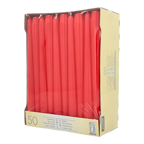 A cardboard box with 50 taper candles Ø 2.2 cm - 25 cm from Starpak shows red taper candles upright through a clear front, with product information on the side. Each candle is 25 cm long and made by Starpak.