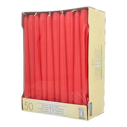 A cardboard box with 50 taper candles Ø 2.2 cm - 25 cm from Starpak shows red taper candles upright through a clear front, with product information on the side. Each candle is 25 cm long and made by Starpak.