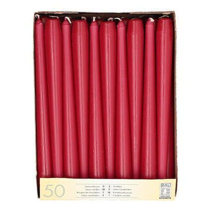 A box with 50 Starpak taper candles (Ø 2.2 cm - 25 cm) white, each with long burning time, arranged in a single layer and labeled with Starpak product information at the bottom.
