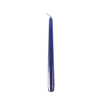 A single, unlit Starpak 50 taper candle (dark blue, 25 cm high, Ø 2.2 cm) stands upright on a white base with a slightly pointed tip and visible wick.
