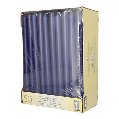 A beige Starpak box contains 50 blue taper candles (Ø 2.2 cm, 25 cm), partially wrapped in clear plastic, with product information on the side and front.