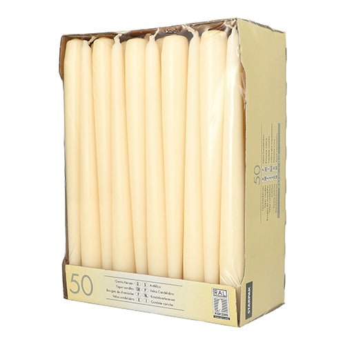 A beige stand box of Starpak 50 taper candles Ø 2.2 cm - 25 cm with long burn time, partially wrapped in clear plastic. The box is printed with product information on the side.