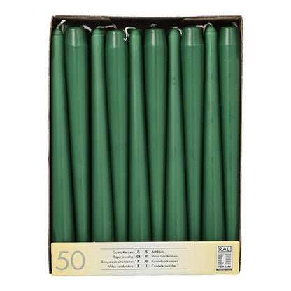 The Starpak 50 taper candles (Ø 2.2 cm, 25 cm) are uniformly shaped, carefully packed in rows, with long burning time; the label at the bottom provides quantity and product info.