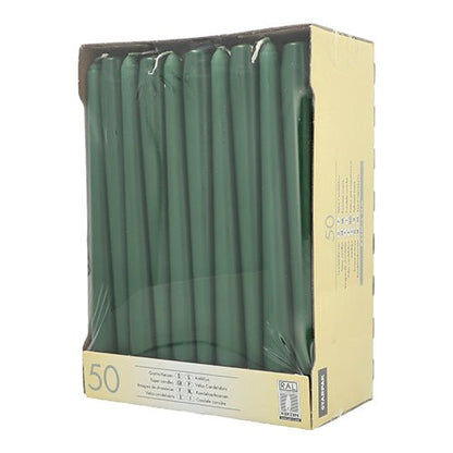 The Starpak box contains 50 green taper candles (Ø 2.2 cm, 25 cm), standing upright and visible through a clear window on the beige packaging, with clear quantity and product labeling.