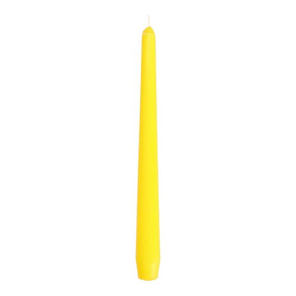 A single yellow taper candle with a visible wick stands upright against a white background, offering a lively contrast to the classic Starpak 50 taper candles Ø 2.2 cm - 25 cm.