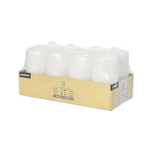 Starpak 8 Pillar Candles Ø 50 mm · 100 mm: Eight large white candles in a cardboard tray, wrapped in clear plastic with labels on the front and sides—perfect for creating a cozy atmosphere with high-quality Starpak wax.