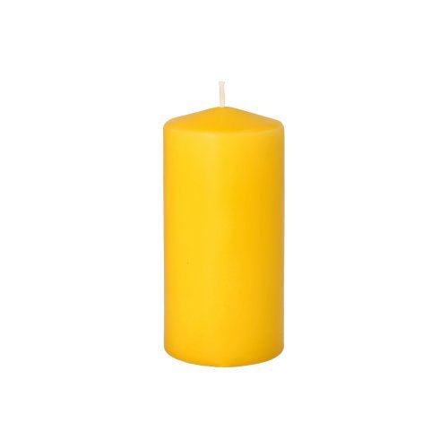 A Starpak 8 pillar candle Ø 50 mm · 100 mm, solid yellow pillar candle with a flat bottom and slightly pointed end, centrally arranged unlit wick. Perfect for your favorite candle holder. The background is plain white. Brand: Starpak.