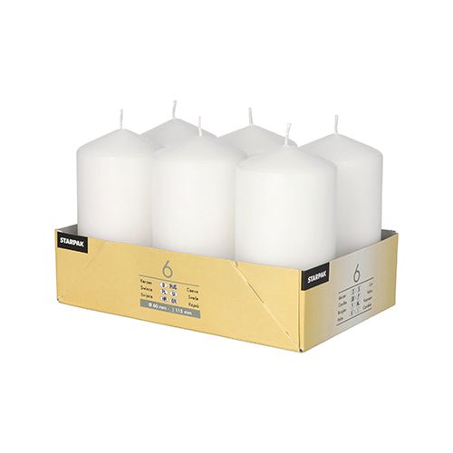 The Starpak 6-Piece Pillar Candle Set (Ø 60 mm · 115 mm) contains six large, white candles made of high-quality wax, neatly arranged in a beige cardboard tray with printed details—perfect for a long burn time.