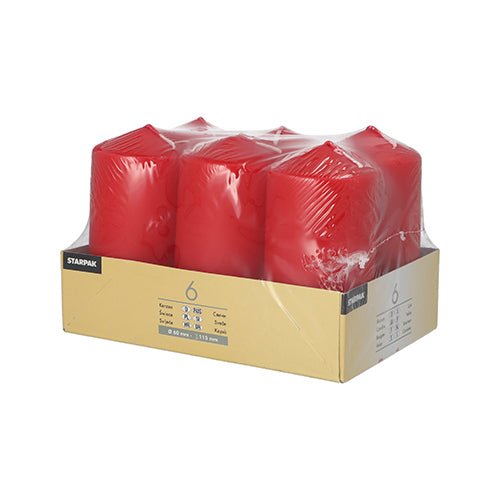 Starpak 6 pillar candles Ø 60 mm · 115 mm in red from Starpak, are delivered in a clear plastic wrap and a beige cardboard tray with labels – ideal for decoration due to their long burning time.
