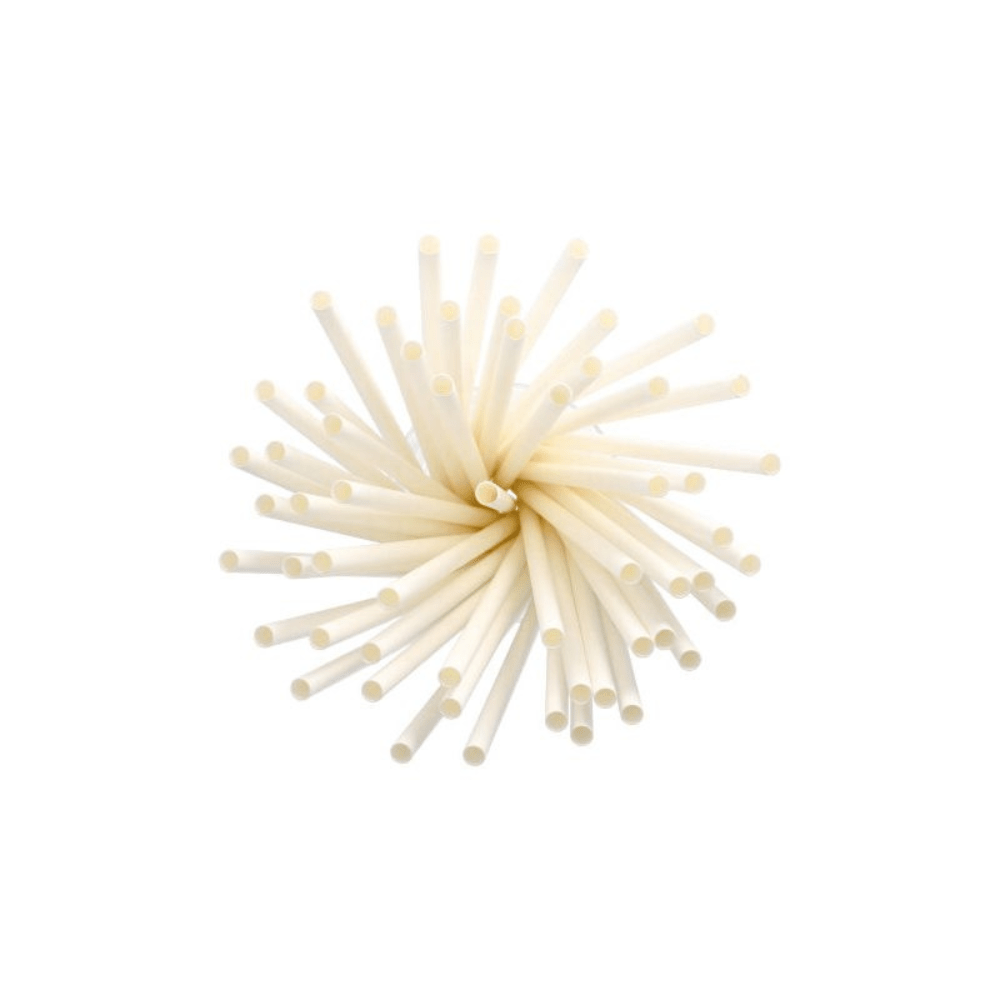 A group of shake straws paper drinking straws from PAPSTAR GmbH, each measuring 8 mm x 25 cm, is arranged in a radial pattern on a plain white background. These eco-friendly straws interlock in the center and fan out evenly, creating a circular shape.