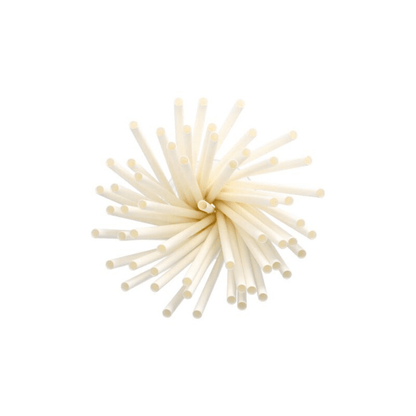 A group of shake straws paper drinking straws from PAPSTAR GmbH, each measuring 8 mm x 25 cm, is arranged in a radial pattern on a plain white background. These eco-friendly straws interlock in the center and fan out evenly, creating a circular shape.