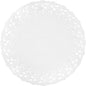 The Duni GmbH round doily is a round, white, lace-patterned paper with a solid core, perfect for elegant weddings or events.
