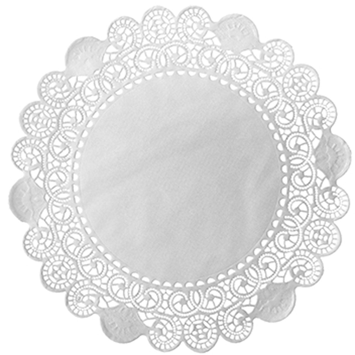The Duni GmbH round doily is a round, white doily with a delicate lace edge and a solid center - ideal for elegant presentations or as an accent at a wedding.