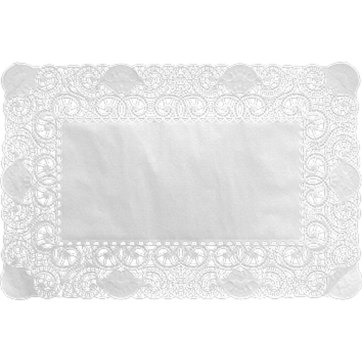 The Duni GmbH decorative lace paper 25x35 cm, white has a plain center and an ornate lace border - ideal for elegant decorations. Sold in a pack of 250 high-quality paper lace doilies.
