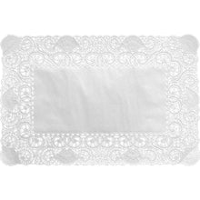 The Duni GmbH decorative lace paper 25x35 cm, white has a plain center and an ornate lace border - ideal for elegant decorations. Sold in a pack of 250 high-quality paper lace doilies.