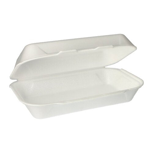 A white Starpak all-purpose box (XPS, 1800 ml, 7.5 x 24 x 13.3 cm) with a hinged lid is open, revealing the empty interior – ideal for versatile use. The box is delivered in a pack of 100 wrapped in shrink film.