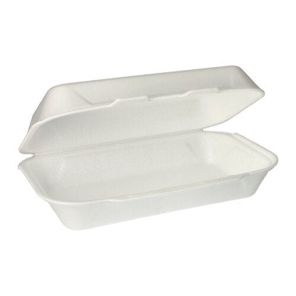 A white Starpak all-purpose box (XPS, 1800 ml, 7.5 x 24 x 13.3 cm) with a hinged lid is open, revealing the empty interior – ideal for versatile use. The box is delivered in a pack of 100 wrapped in shrink film.