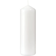 A white pillar candle (220 x 70 mm, approx. 90h burning time) from Duni GmbH with a pointed tip and unlit wick stands upright against a white background - ideal for anyone seeking long-lasting candlelight.
