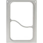 The cassette DF10/20 2-comp f. PP/M BK menu tray 1146 ml 2 from Duni GmbH is a rectangular, silver-colored tray with two compartments, separated by a horizontal, wavy partition and four small corner holes. Package (1 piece).