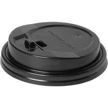 A black lid for 181836 Black PS from Duni GmbH (pack of 40 pieces) with raised spout, warning "CONTENT HOT" and vent hole is depicted on a white background - ideal as a catering container lid.