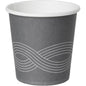The Circuit Printed Paper Cup PAP/PE by Duni GmbH presents itself in a gray design with a white interior and an infinity symbol. This stylish paper cup is ideal for serving coffee at any event.