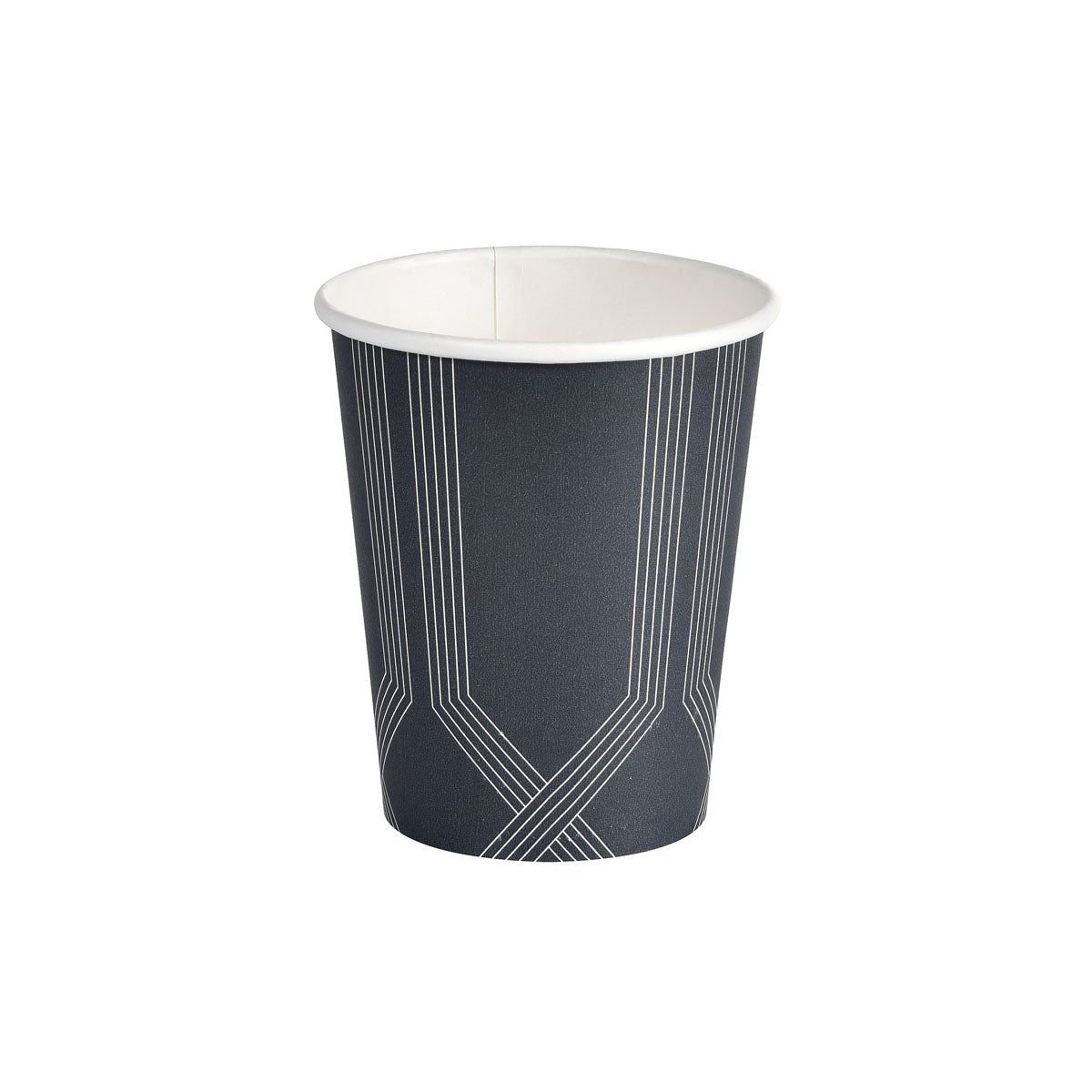 The Circuit Printed Paper Cup PAP/PE by Duni GmbH stands upright against a white background, showcasing its black surface with white geometric line patterns for a stylish, practical look.