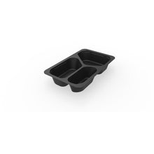 The Duni GmbH 1/4 GN menu trays 3 Black PP/MIN 265x162x45, a black plastic double-chamber tray with rounded edges and a slight upper lip, is shown empty on a white background. The package contains 225 pieces.