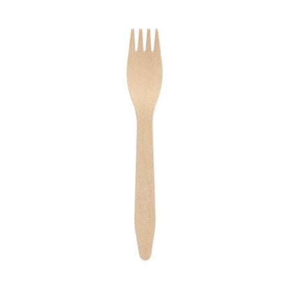 A PAPSTAR wooden fork "pure" (16.5 cm) made of eco-friendly, sturdy wood - ideal as sustainable disposable tableware. The fork is shown against a white background. Contains 100 pieces in the folding box from PAPSTAR GmbH.