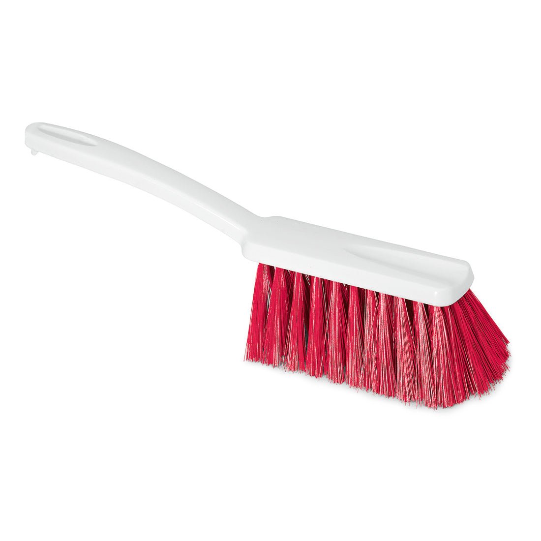 The Nölle Profi Brush HACCP hand brush with a bristle thickness of 0.25 mm from Nölle Profi Brush Bürsten- & Pinseltechnik e.K. with a white plastic handle and red bristles stands on a plain white background.