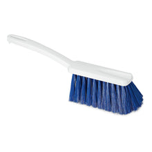 The Nölle Profi Brush HACCP hand brush with a bristle thickness of 0.25 mm from Nölle Profi Brush Bürsten- & Pinseltechnik e.K. has a white handle and dense blue bristles, ideal for HACCP-compliant cleaning.